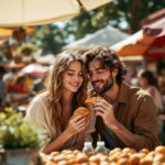 Young couple on a lovely summers day enjoying a croissant at the farmers market after searching whats on in stroud this weekend