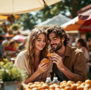 Young couple on a lovely summers day enjoying a croissant at the farmers market after searching whats on in stroud this weekend