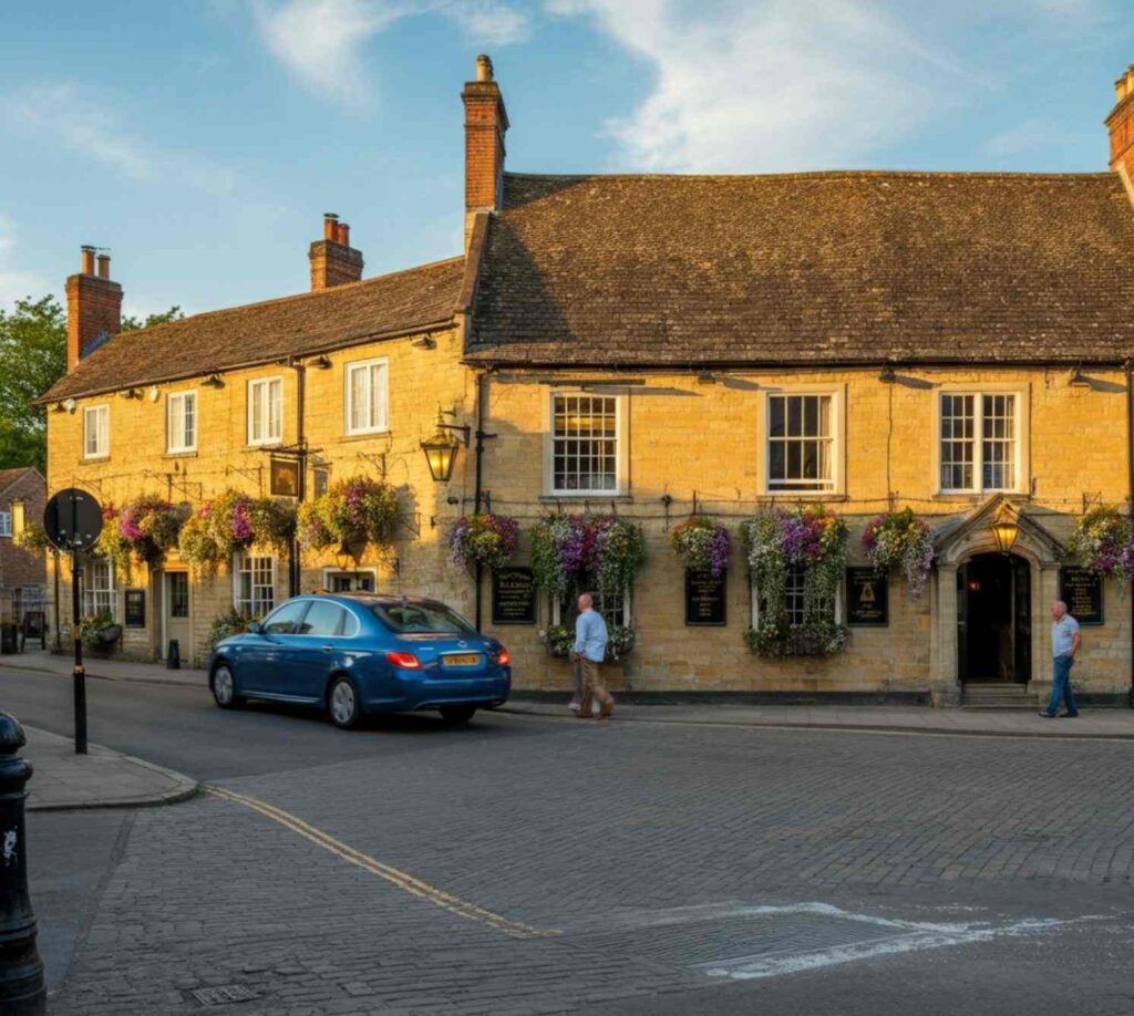the sun shining on pubs in gloucester town centre on a summers evening